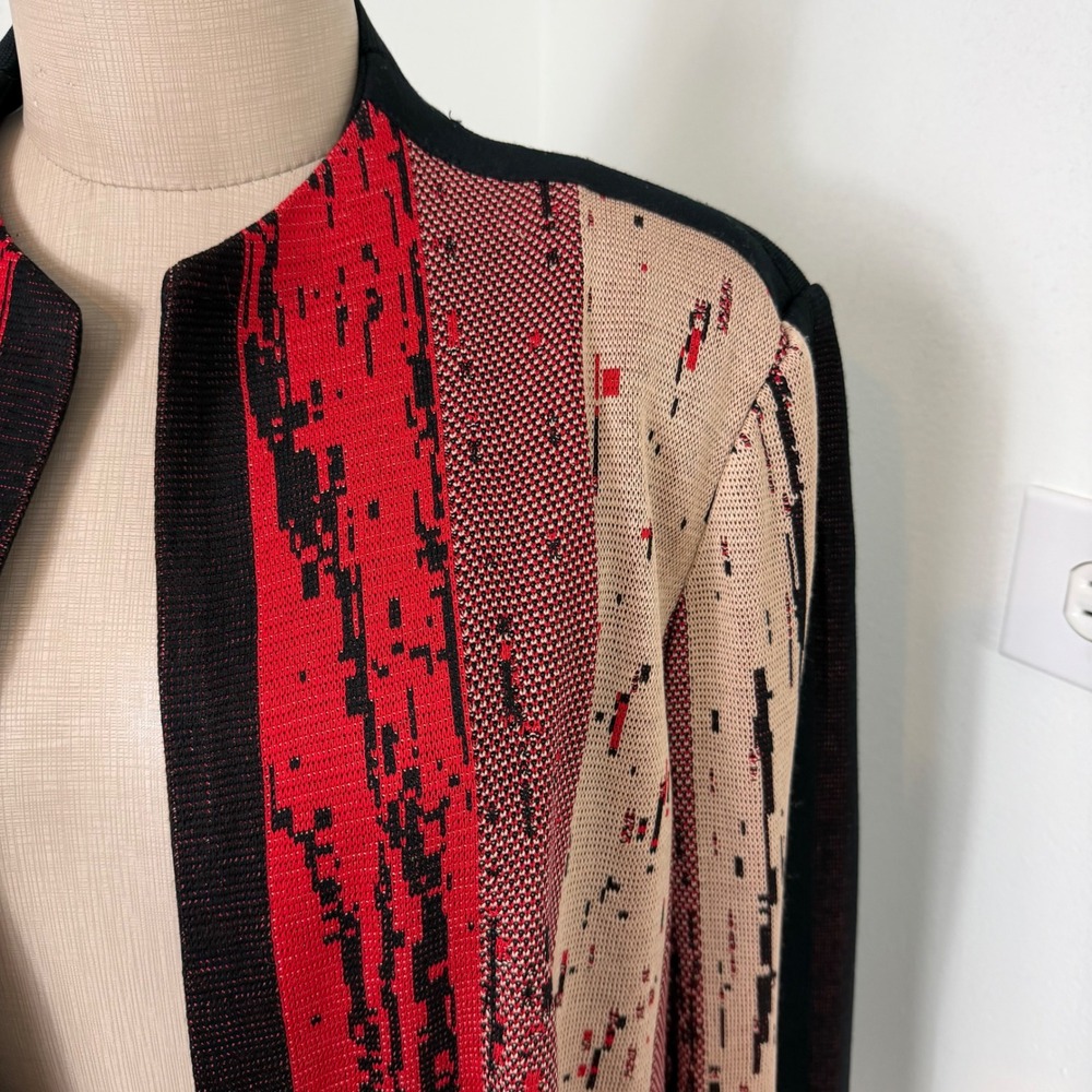Ming Wang Knit Blazer Cardigan Open Front Abstract Print Red Black XL - Picture 2 of 12